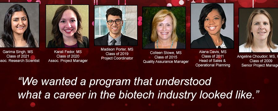 a masthead for the alumni career insights recorded webinar featuring a title saying 'I wanted a program that understood what a career in the biotech industry looked like'