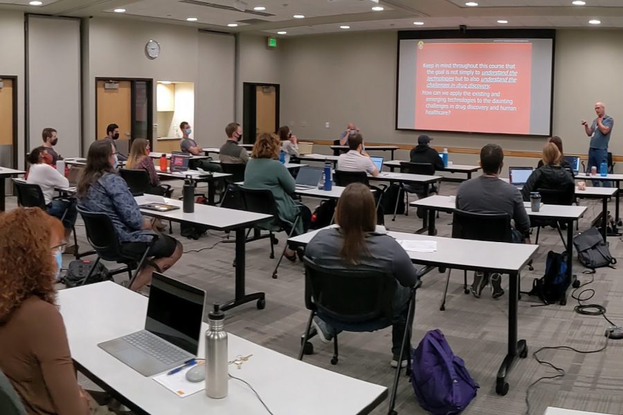 A photo of biotech masters students in class at the MGE Innovation Center