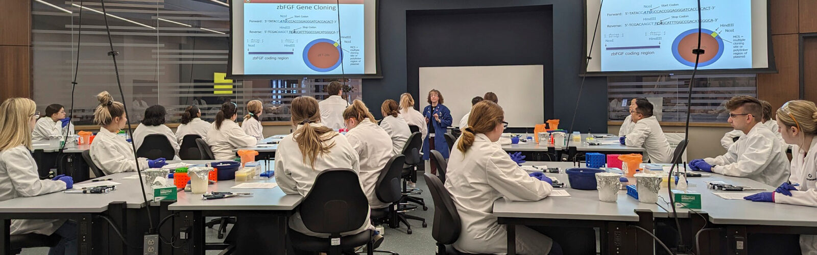 Class of 2025 students in the Kornberg Center at Promega for their molecular technologies 2 course.